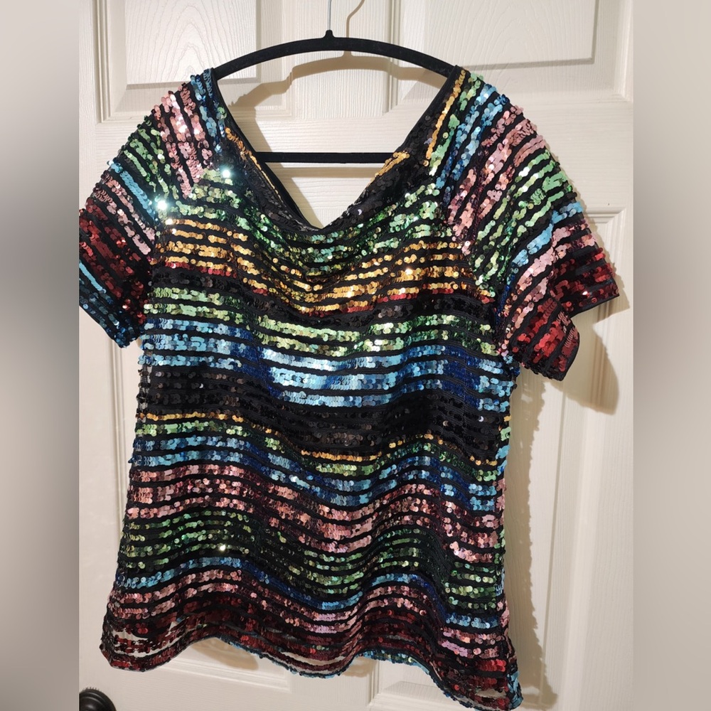 New York & Company Blue Pink Sequin Blouse